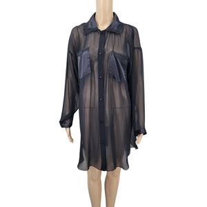 Mystique Intimates Vintage Sheer Black Button Down Sleep Shirt Satin Lace Trim